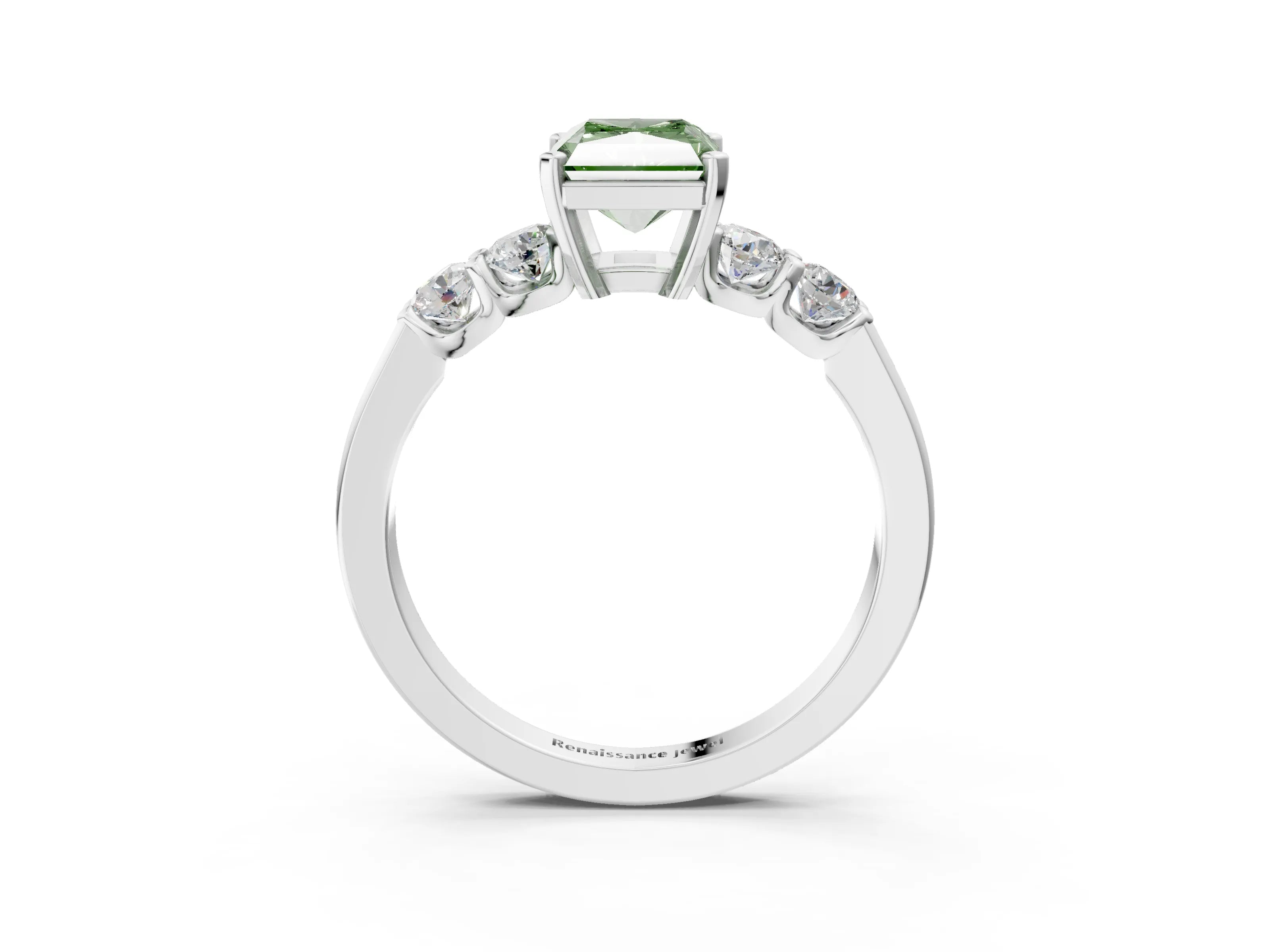 White gold Fancy Green Radiant Cut Brilliant Diamond Five-Stone Engagement Ring with Prong Setting on a Classic Band_6