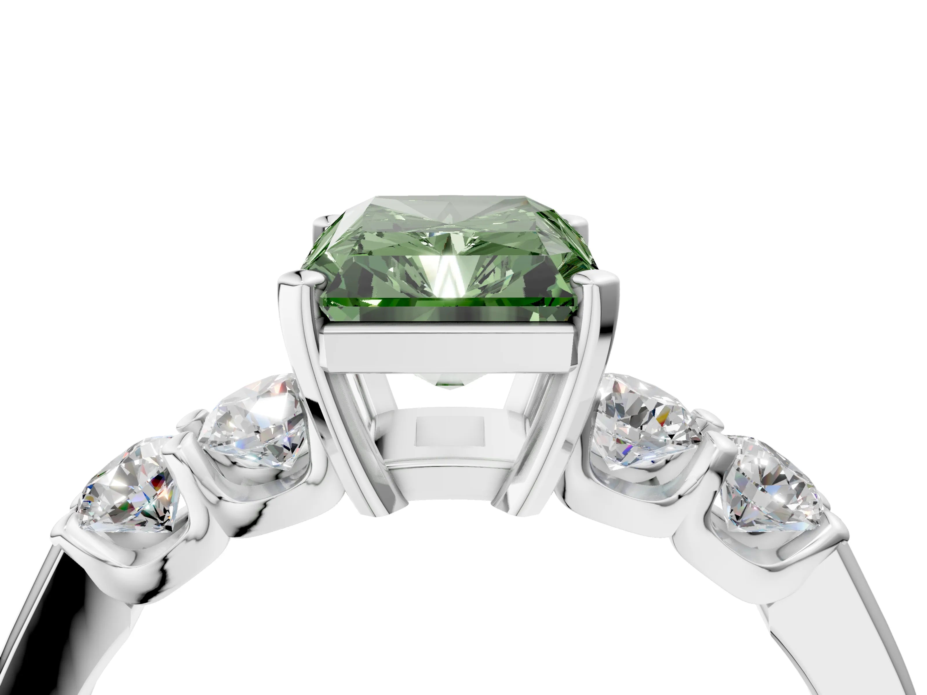 White gold Fancy Green Radiant Cut Brilliant Diamond Five-Stone Engagement Ring with Prong Setting on a Classic Band_7