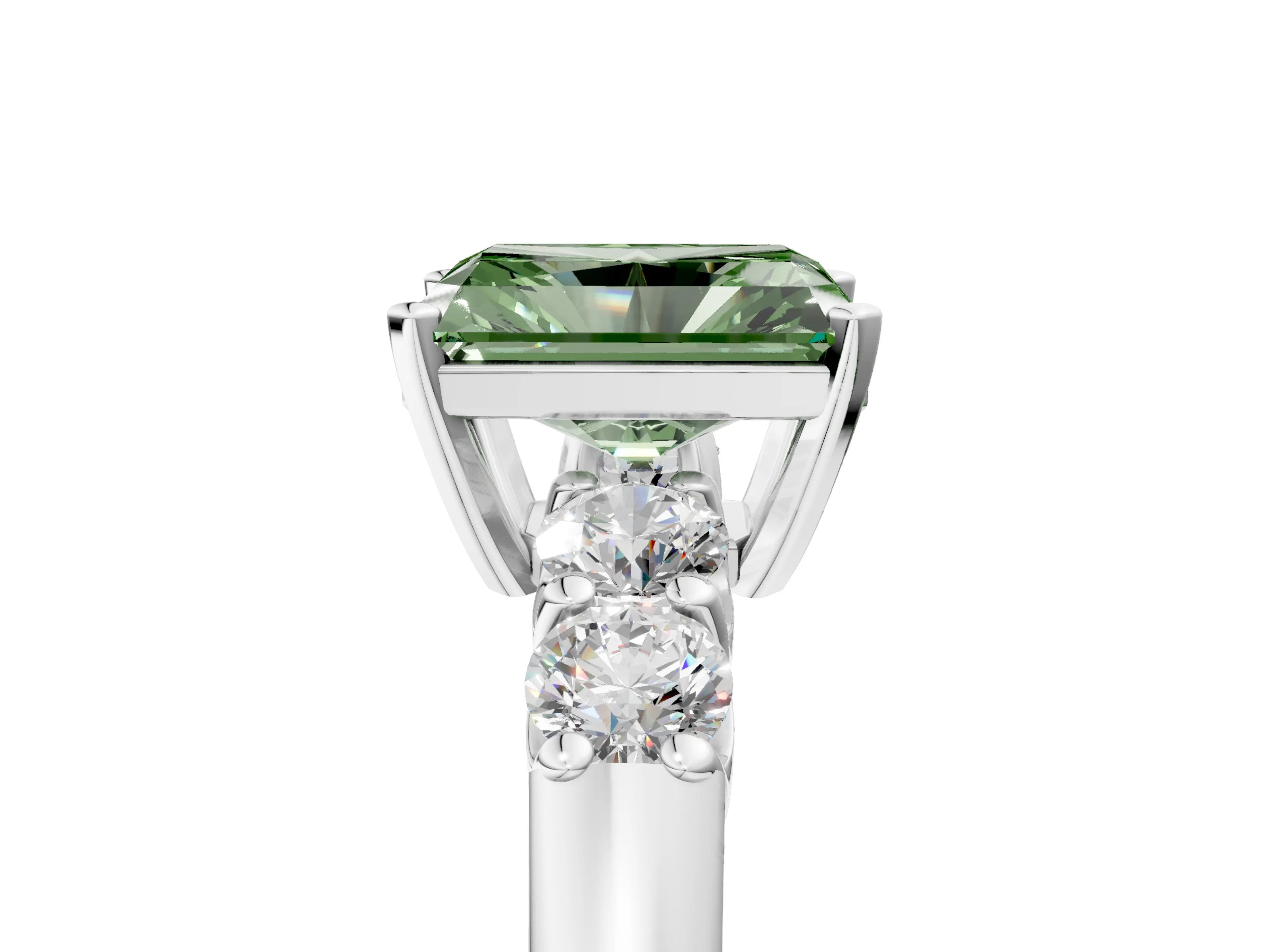 White gold Fancy Green Radiant Cut Brilliant Diamond Five-Stone Engagement Ring with Prong Setting on a Classic Band_8