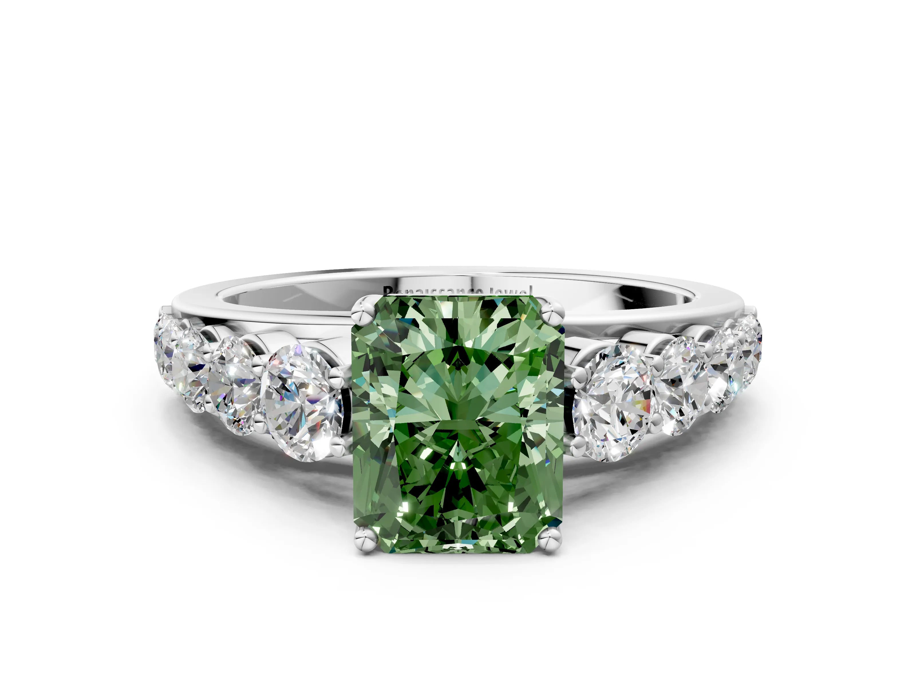 White gold Fancy Green Radiant Cut Brilliant Diamond Pavé Band with Six-Prong Setting