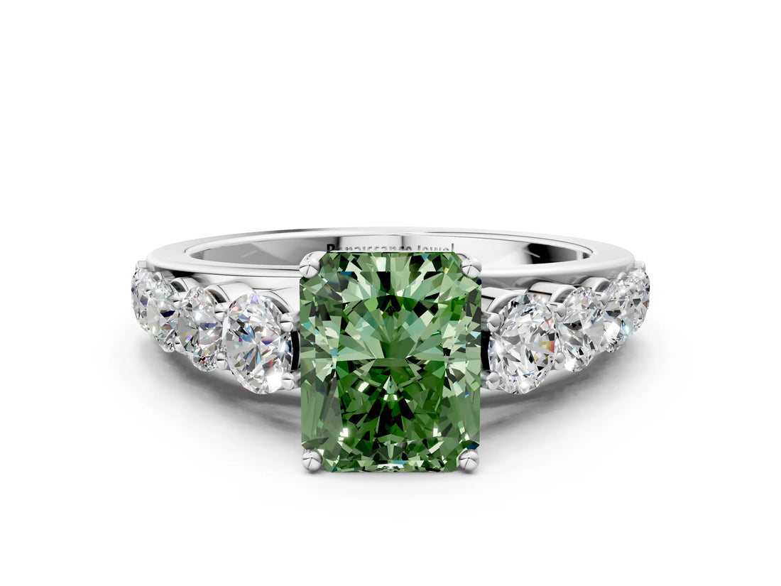 White gold Fancy Green Radiant Cut Brilliant Diamond Pavé Band with Six-Prong Setting_12