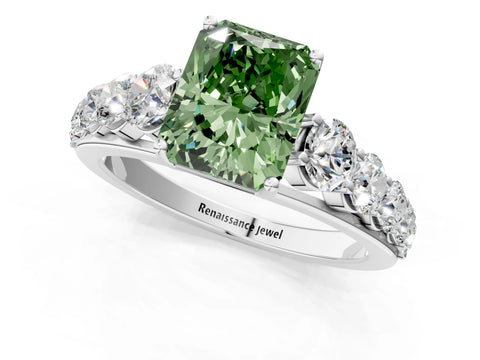 White gold Fancy Green Radiant Cut Brilliant Diamond Pavé Band with Six-Prong Setting_1