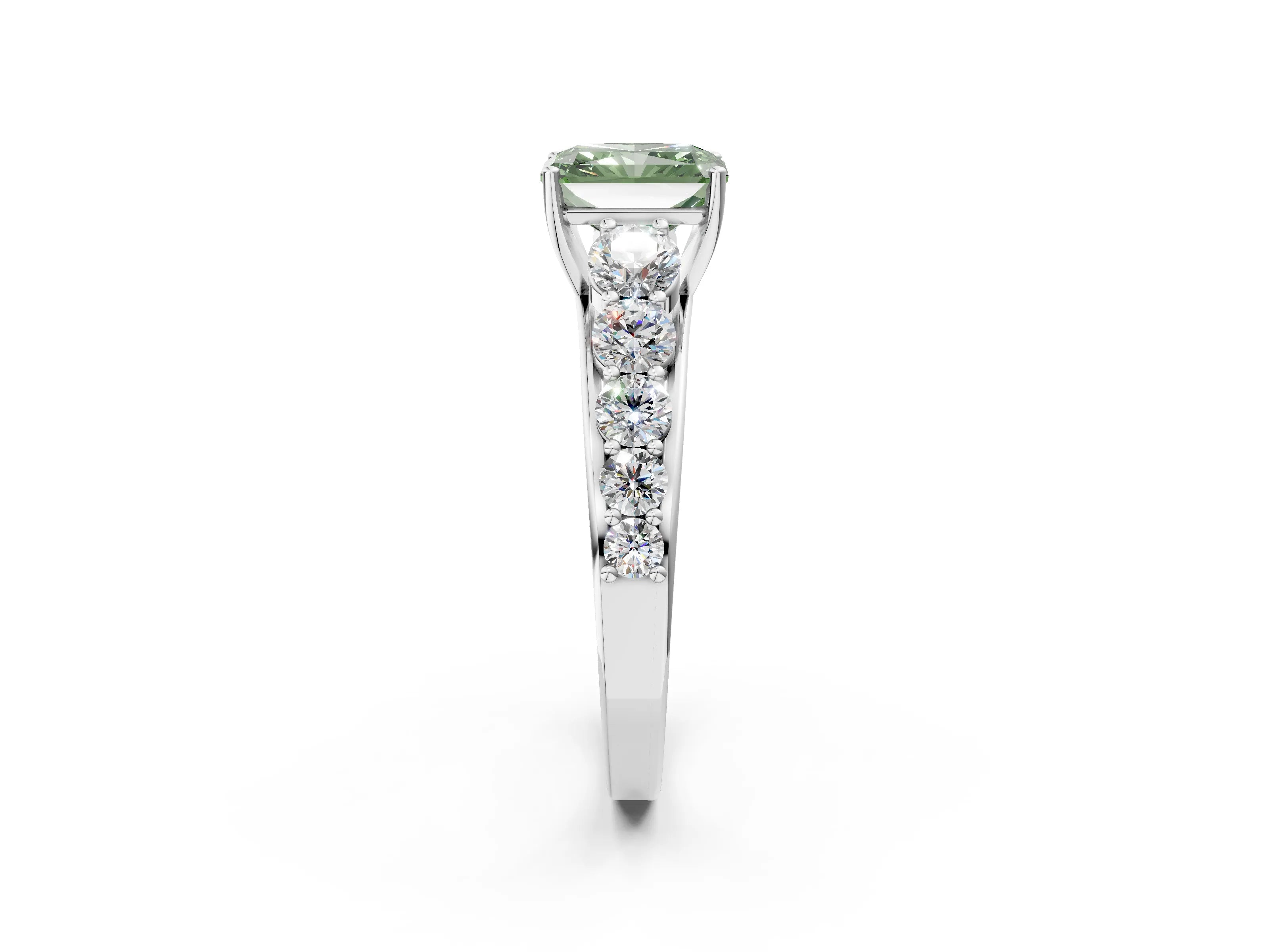 White gold Fancy Green Radiant Cut Brilliant Diamond Pavé Band with Six-Prong Setting_2