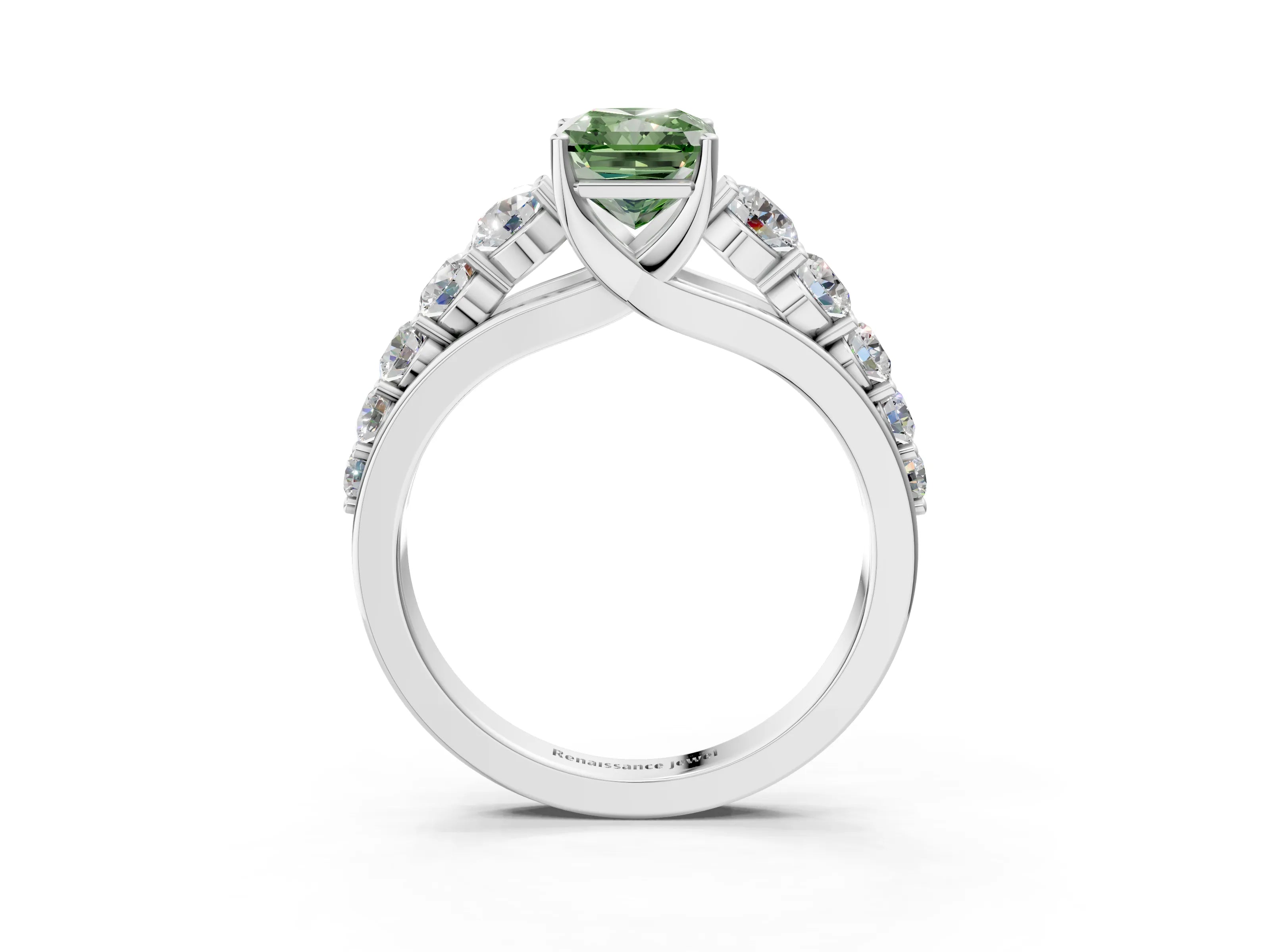 White gold Fancy Green Radiant Cut Brilliant Diamond Pavé Band with Six-Prong Setting_3