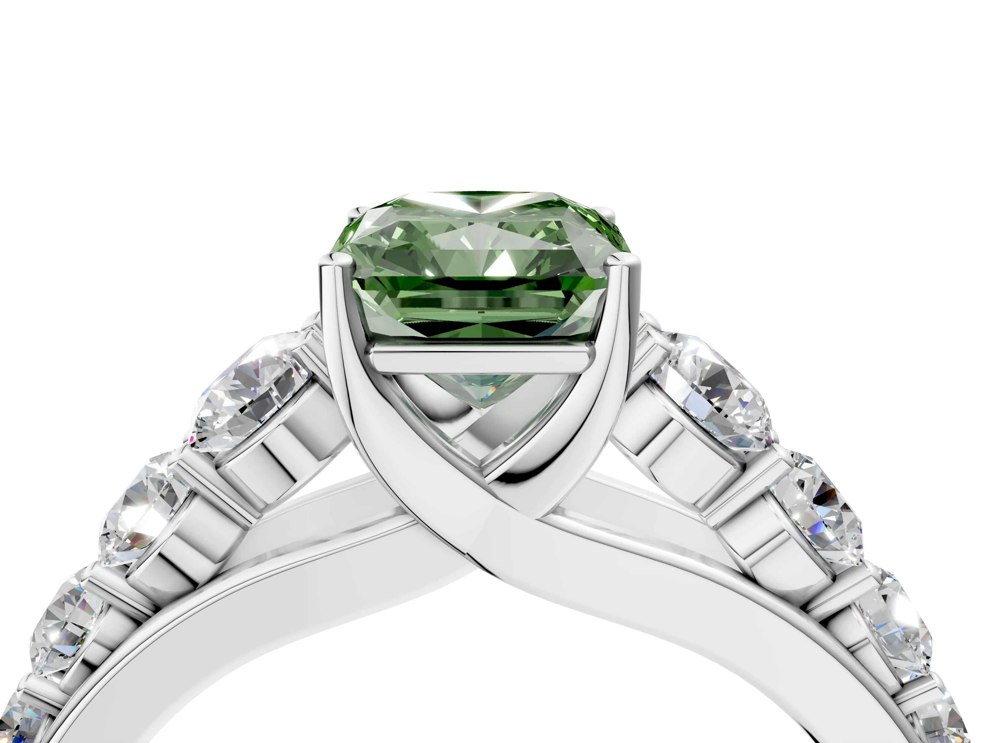 White gold Fancy Green Radiant Cut Brilliant Diamond Pavé Band with Six-Prong Setting_4