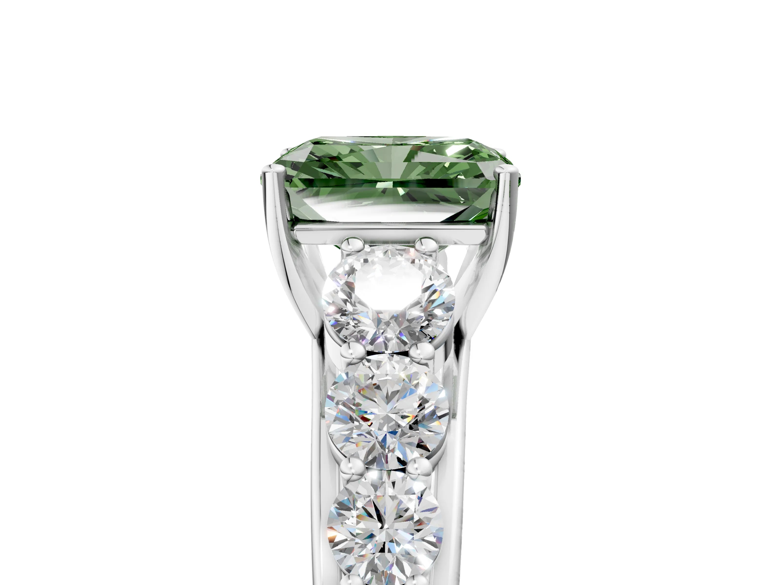 White gold Fancy Green Radiant Cut Brilliant Diamond Pavé Band with Six-Prong Setting_5