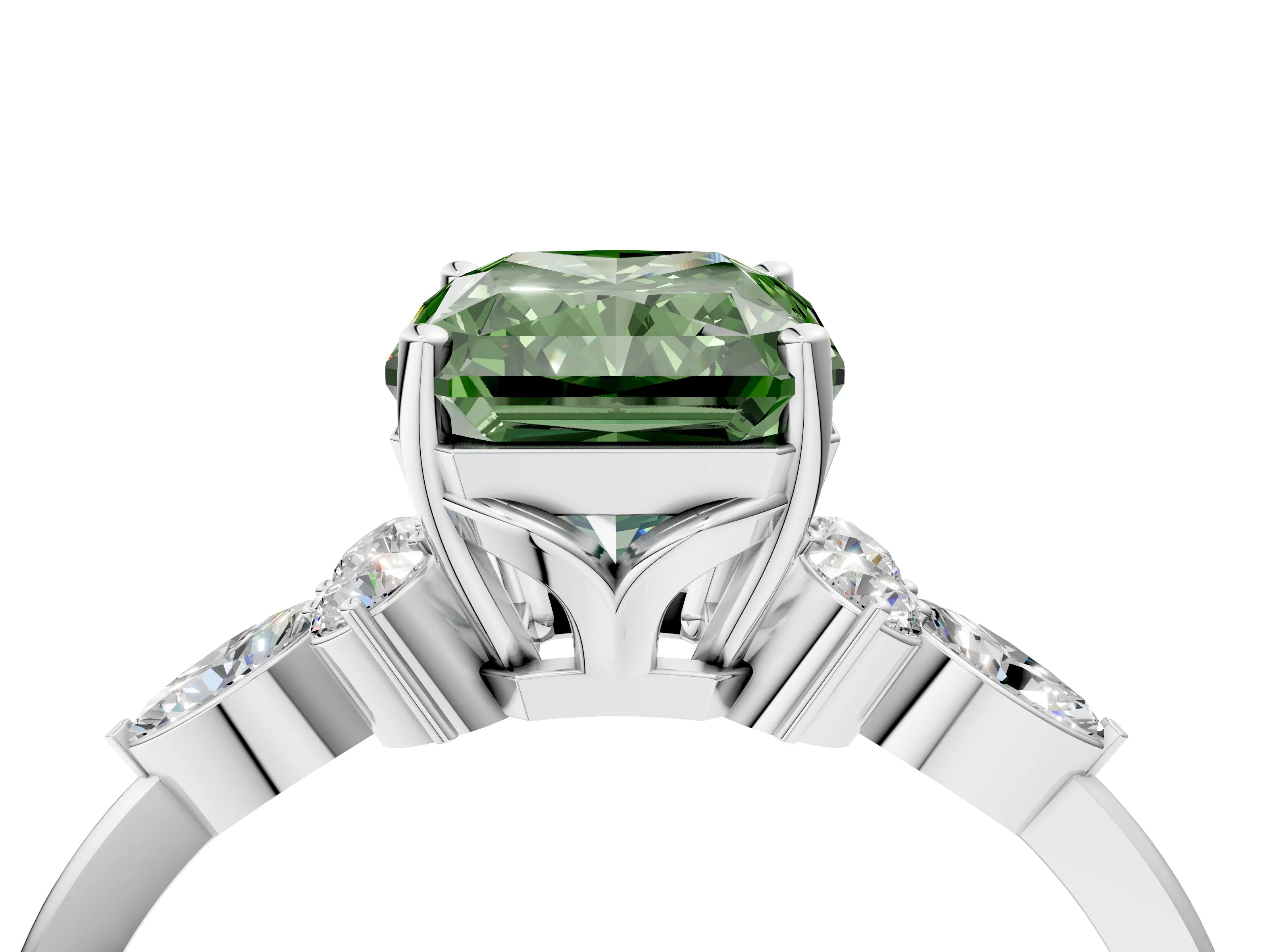 White gold Fancy Green Radiant Cut Brilliant Diamond Solitaire Ring with Pear Side Stones and Four-Prong Setting_10