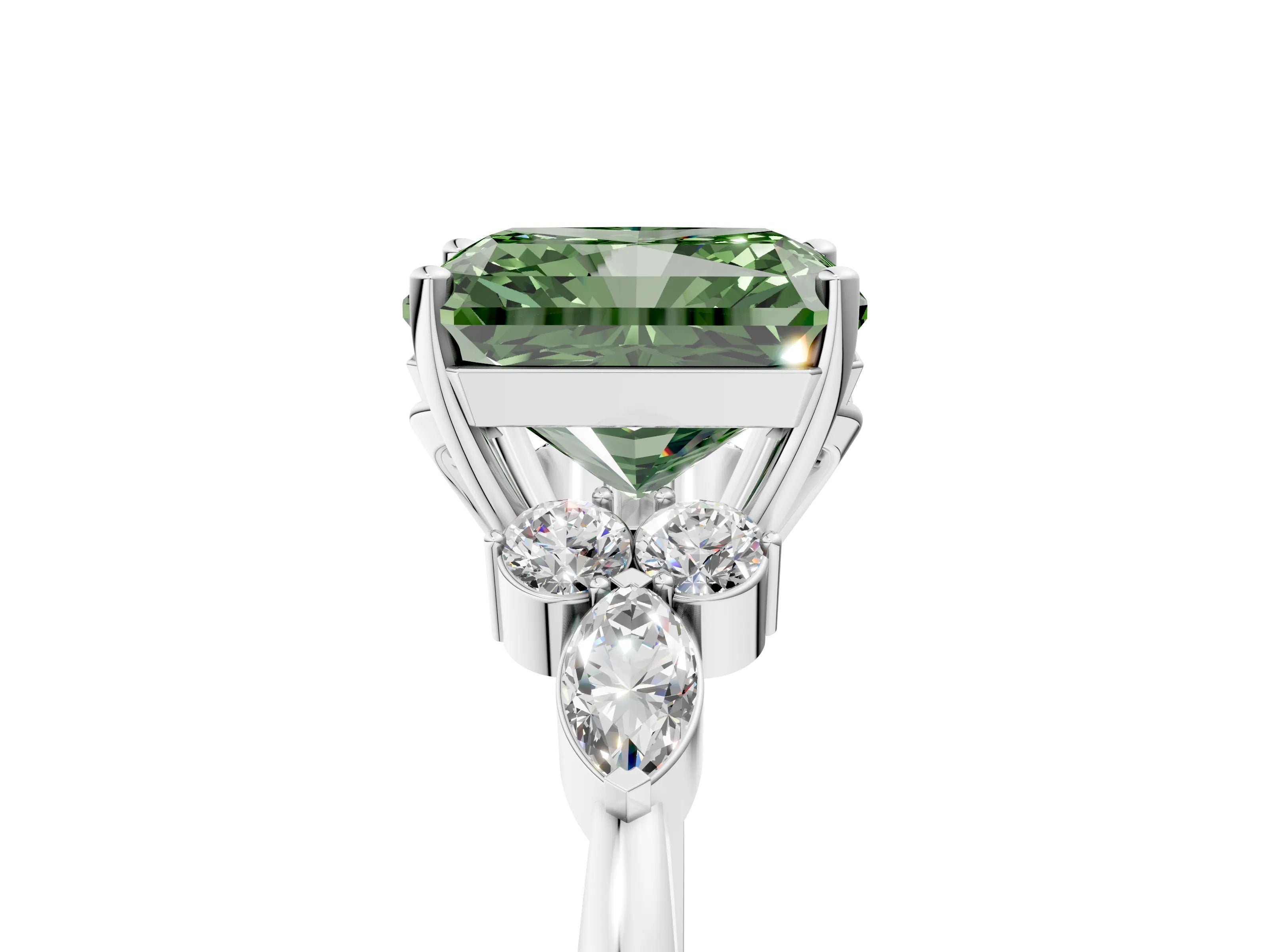 White gold Fancy Green Radiant Cut Brilliant Diamond Solitaire Ring with Pear Side Stones and Four-Prong Setting_11