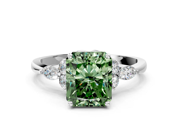 Platinum Fancy Green Radiant Cut Brilliant Diamond Solitaire Ring with Pear Side Stones and Four-Prong Setting