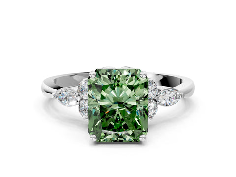 White gold Fancy Green Radiant Cut Brilliant Diamond Solitaire Ring with Pear Side Stones and Four-Prong Setting_6