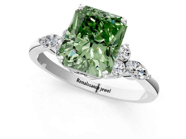 Platinum Fancy Green Radiant Cut Brilliant Diamond Solitaire Ring with Pear Side Stones and Four-Prong Setting
