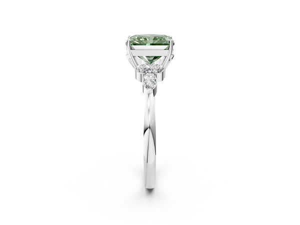 Platinum Fancy Green Radiant Cut Brilliant Diamond Solitaire Ring with Pear Side Stones and Four-Prong Setting