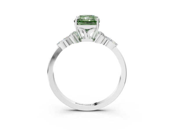 Platinum Fancy Green Radiant Cut Brilliant Diamond Solitaire Ring with Pear Side Stones and Four-Prong Setting
