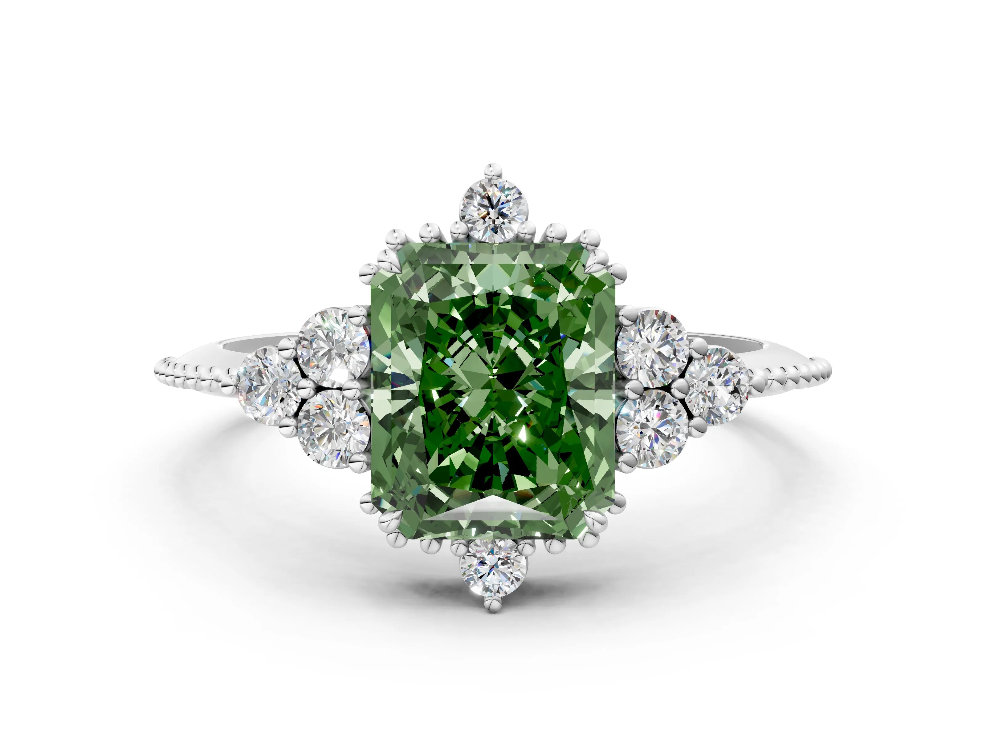 White gold Fancy Green Radiant Cut Brilliant Diamond with Cluster Setting on a Beaded Band and Four-Prong Setting