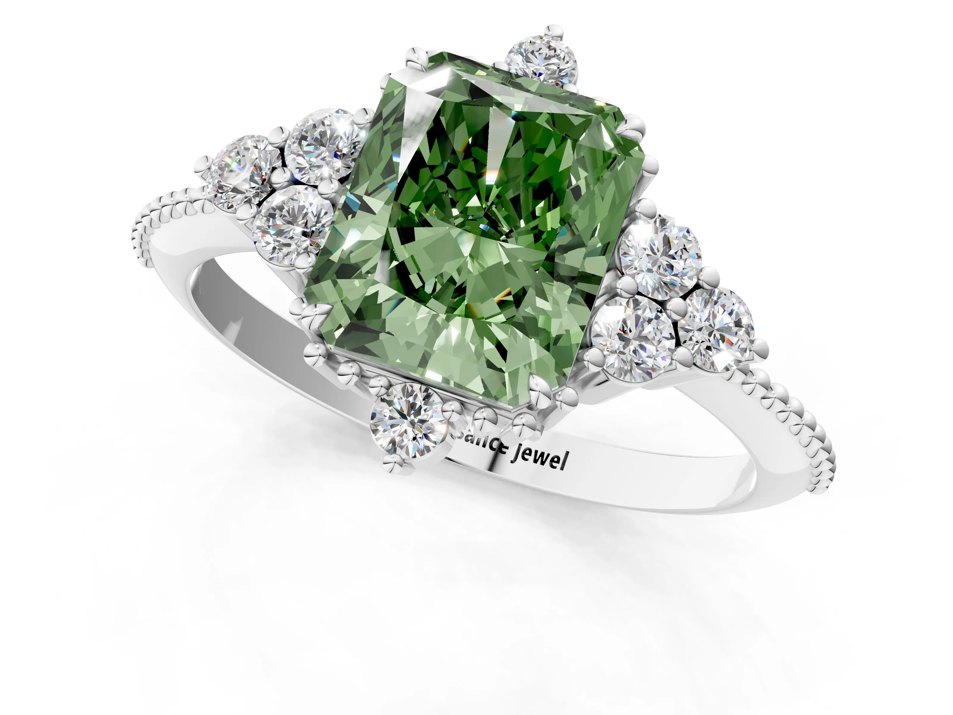 White gold Fancy Green Radiant Cut Brilliant Diamond with Cluster Setting on a Beaded Band and Four-Prong Setting_1