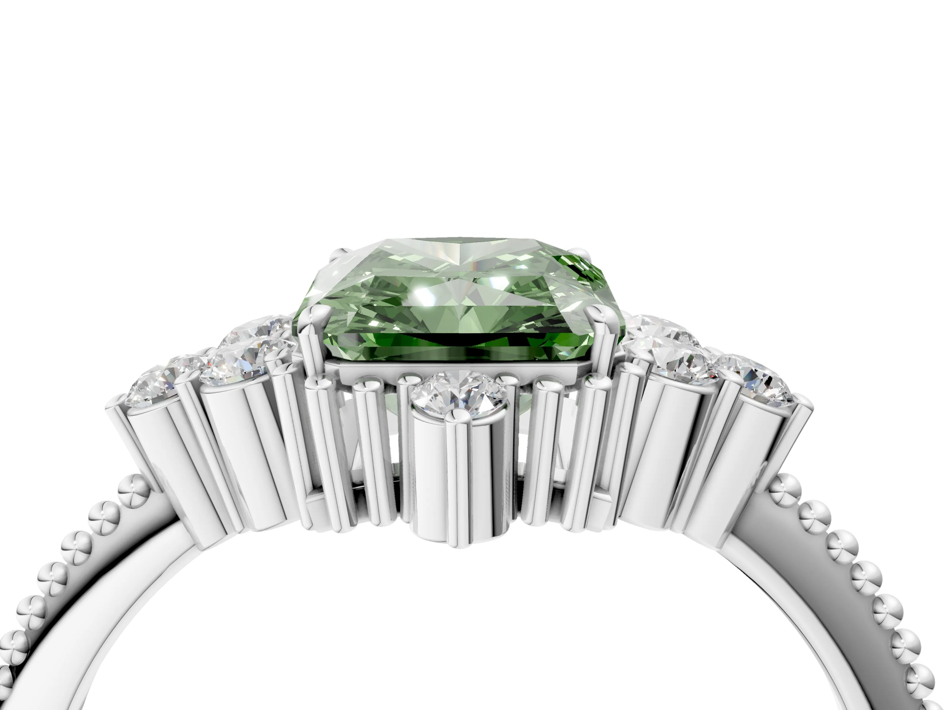 White gold Fancy Green Radiant Cut Brilliant Diamond with Cluster Setting on a Beaded Band and Four-Prong Setting_28