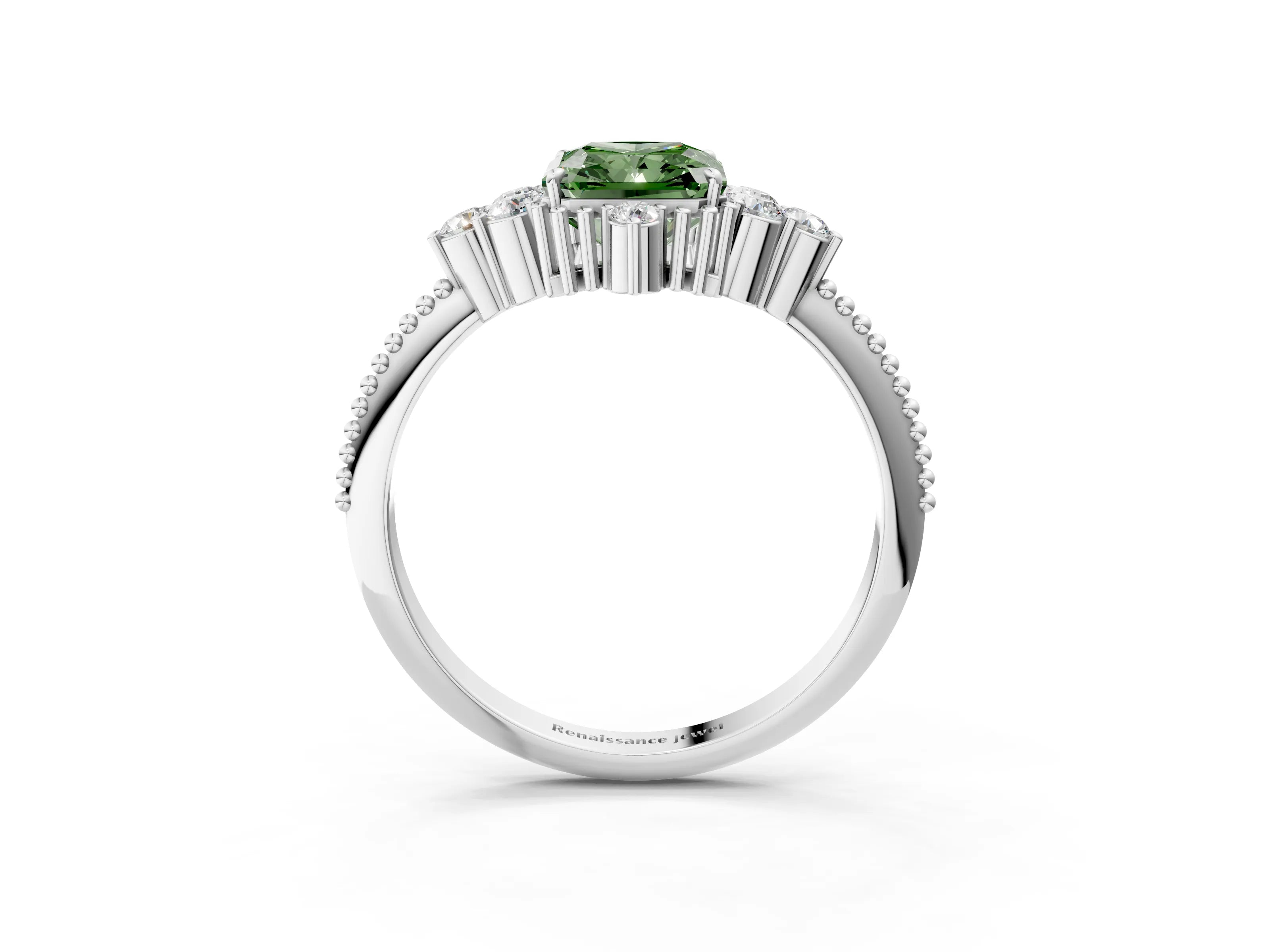 White gold Fancy Green Radiant Cut Brilliant Diamond with Cluster Setting on a Beaded Band and Four-Prong Setting_3
