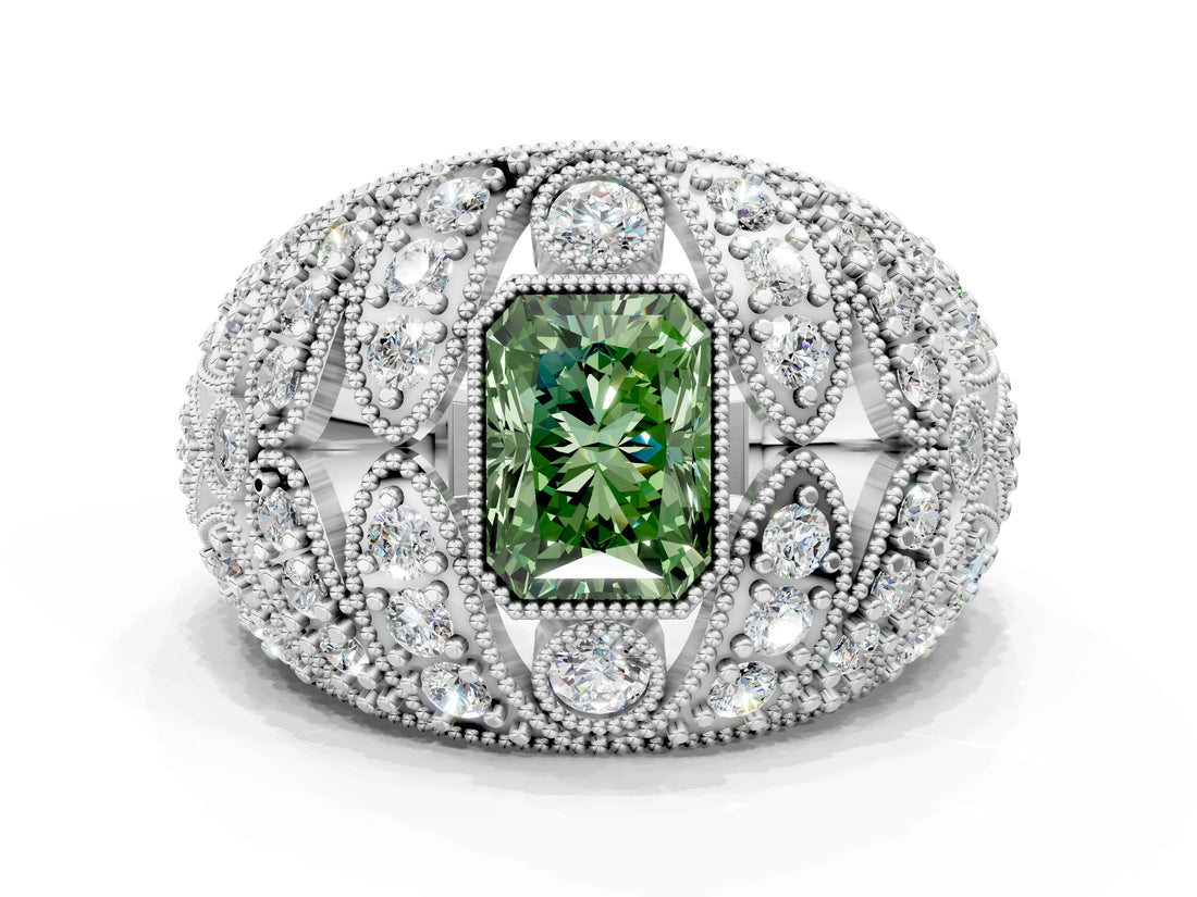 White gold Fancy Green Radiant Cut Brilliant Halo Pave Diamond Milgrain Ring