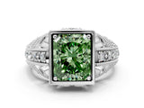 White gold Fancy Green Radiant Cut Brilliant Milgrain Filigree Diamond Ring with Square Prong Setting