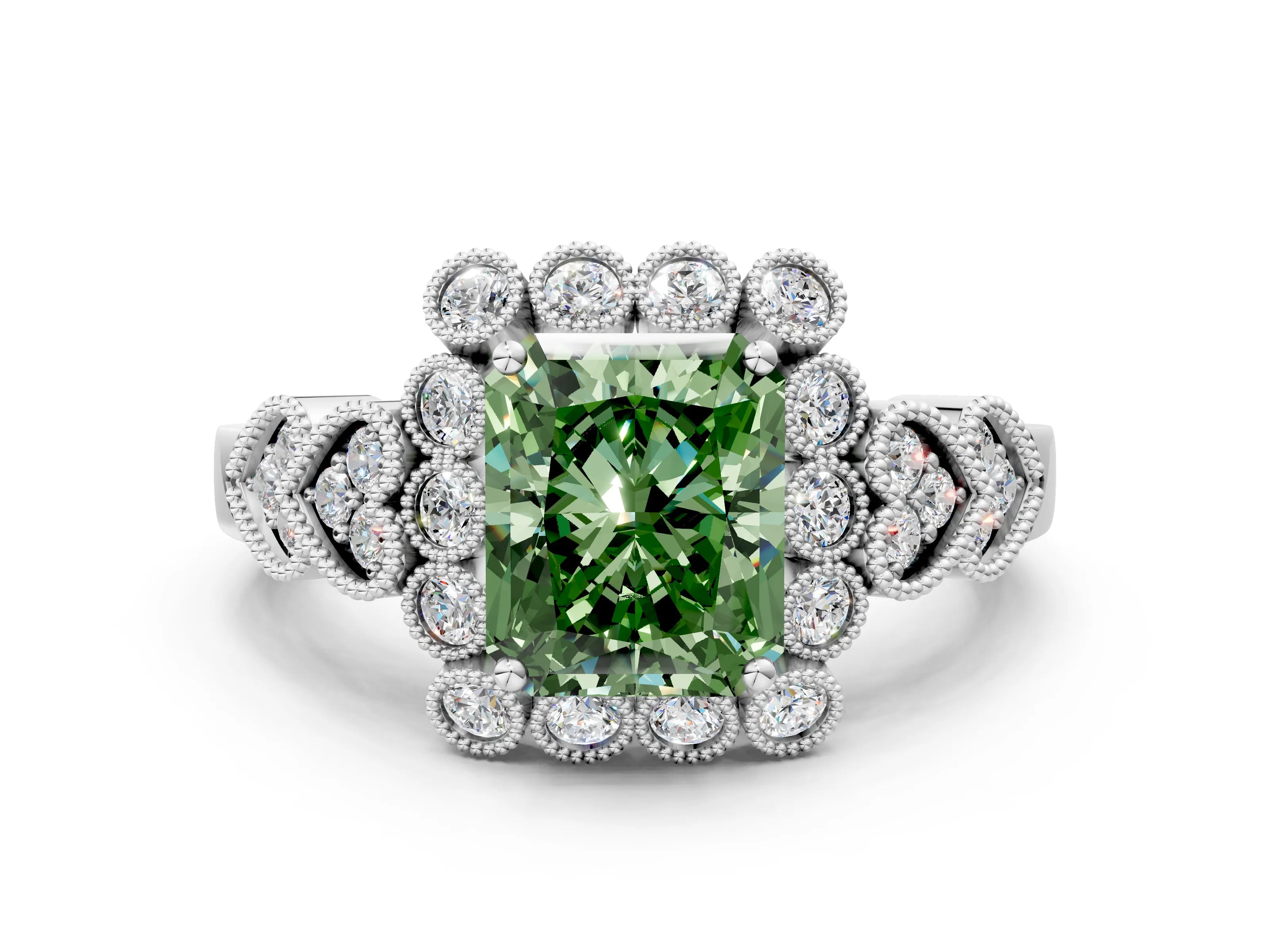 White gold Fancy Green Radiant Cut Brilliant Milgrain Pave Heart Band Solitaire Ring