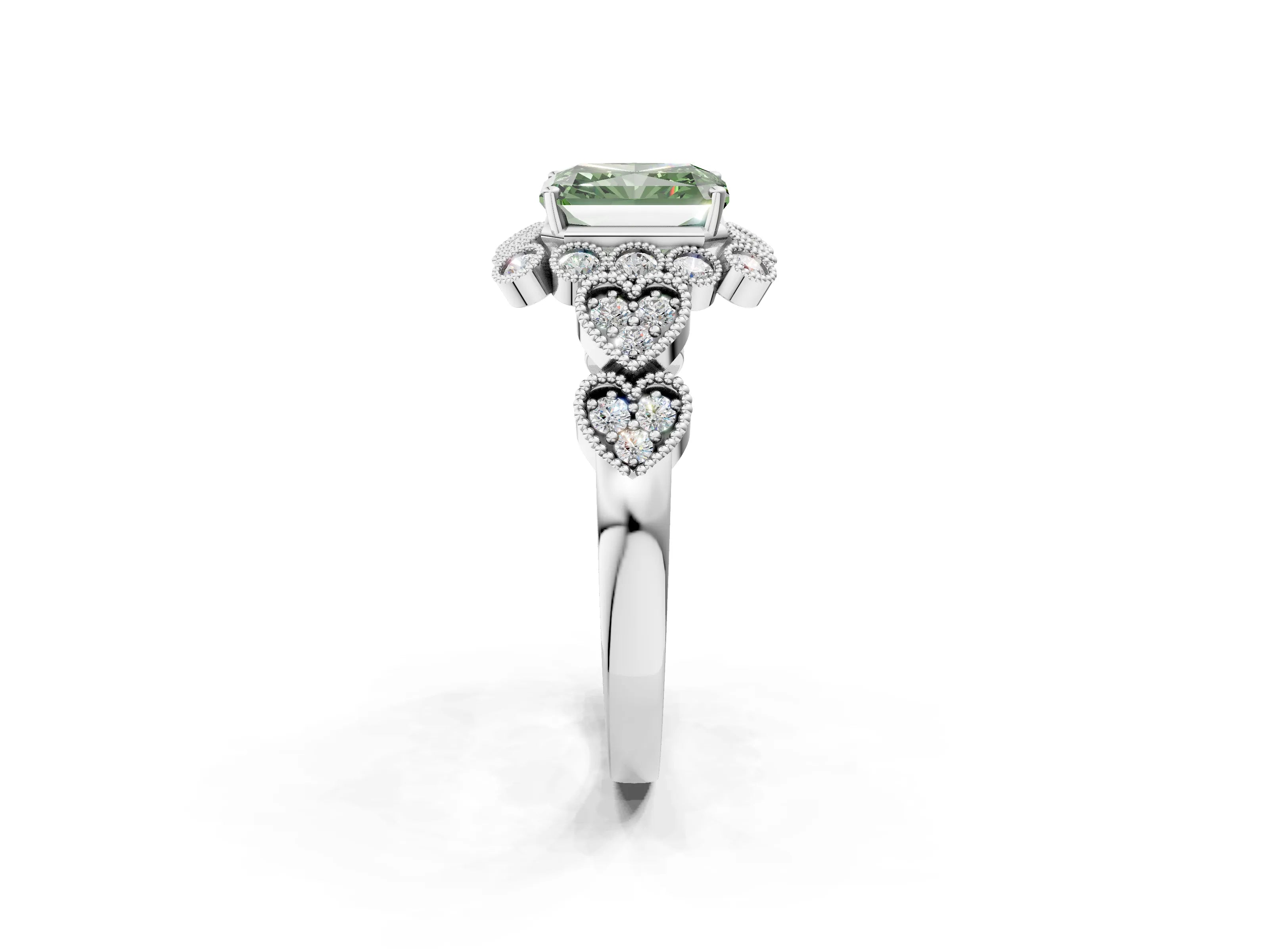 White gold Fancy Green Radiant Cut Brilliant Milgrain Pave Heart Band Solitaire Ring_14