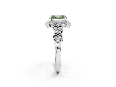 White gold Fancy Green Radiant Cut Brilliant Milgrain Pave Heart Band Solitaire Ring_14