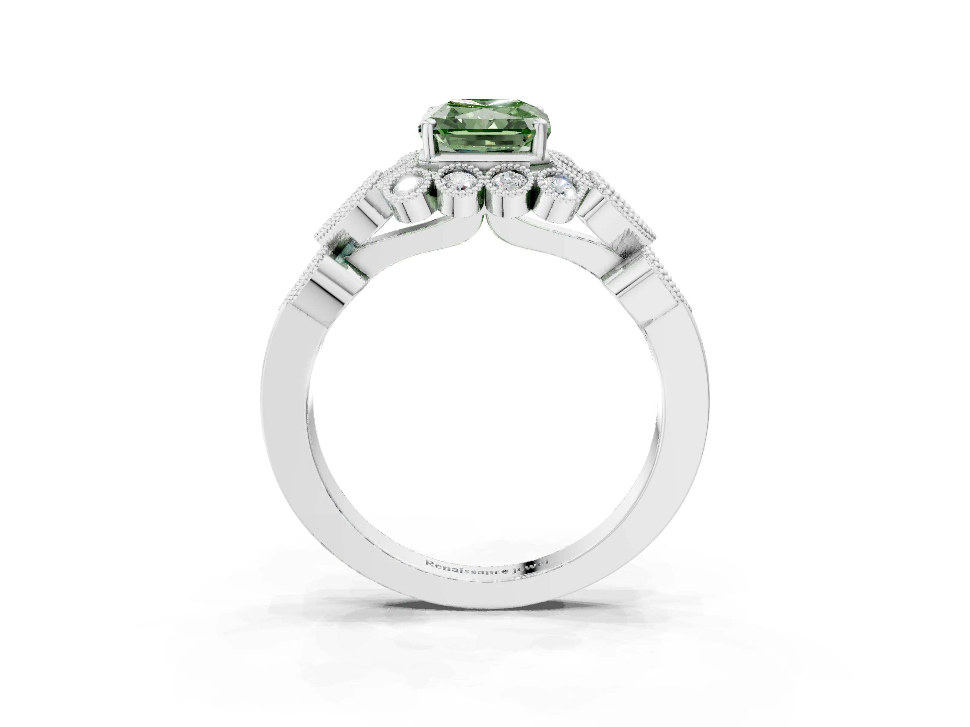 White gold Fancy Green Radiant Cut Brilliant Milgrain Pave Heart Band Solitaire Ring_15