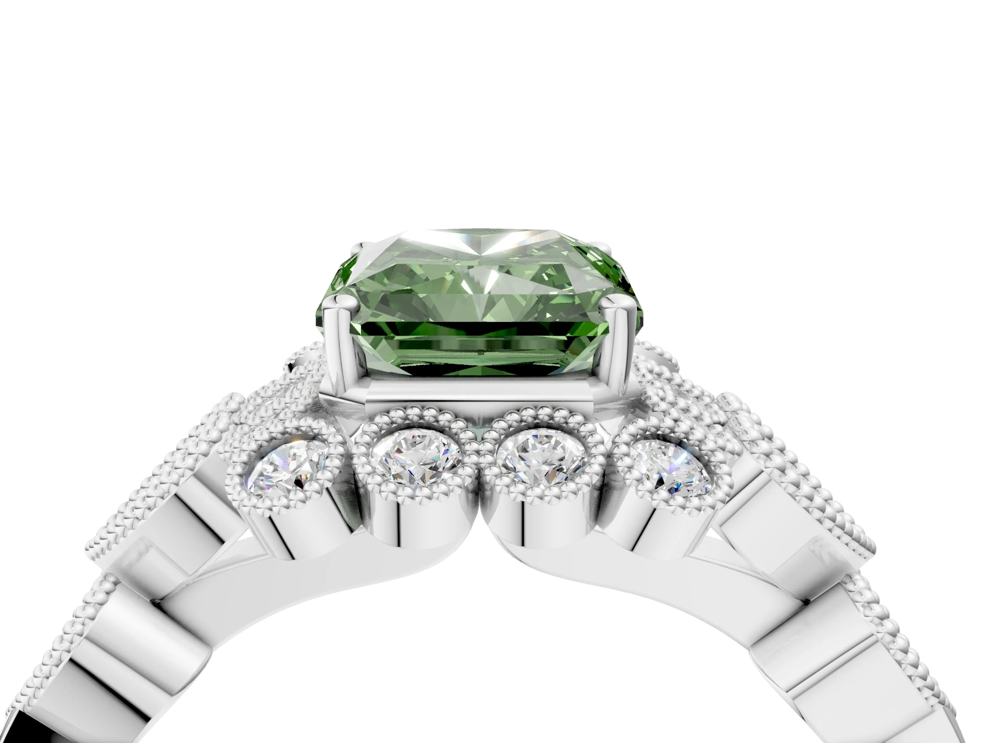 White gold Fancy Green Radiant Cut Brilliant Milgrain Pave Heart Band Solitaire Ring_16