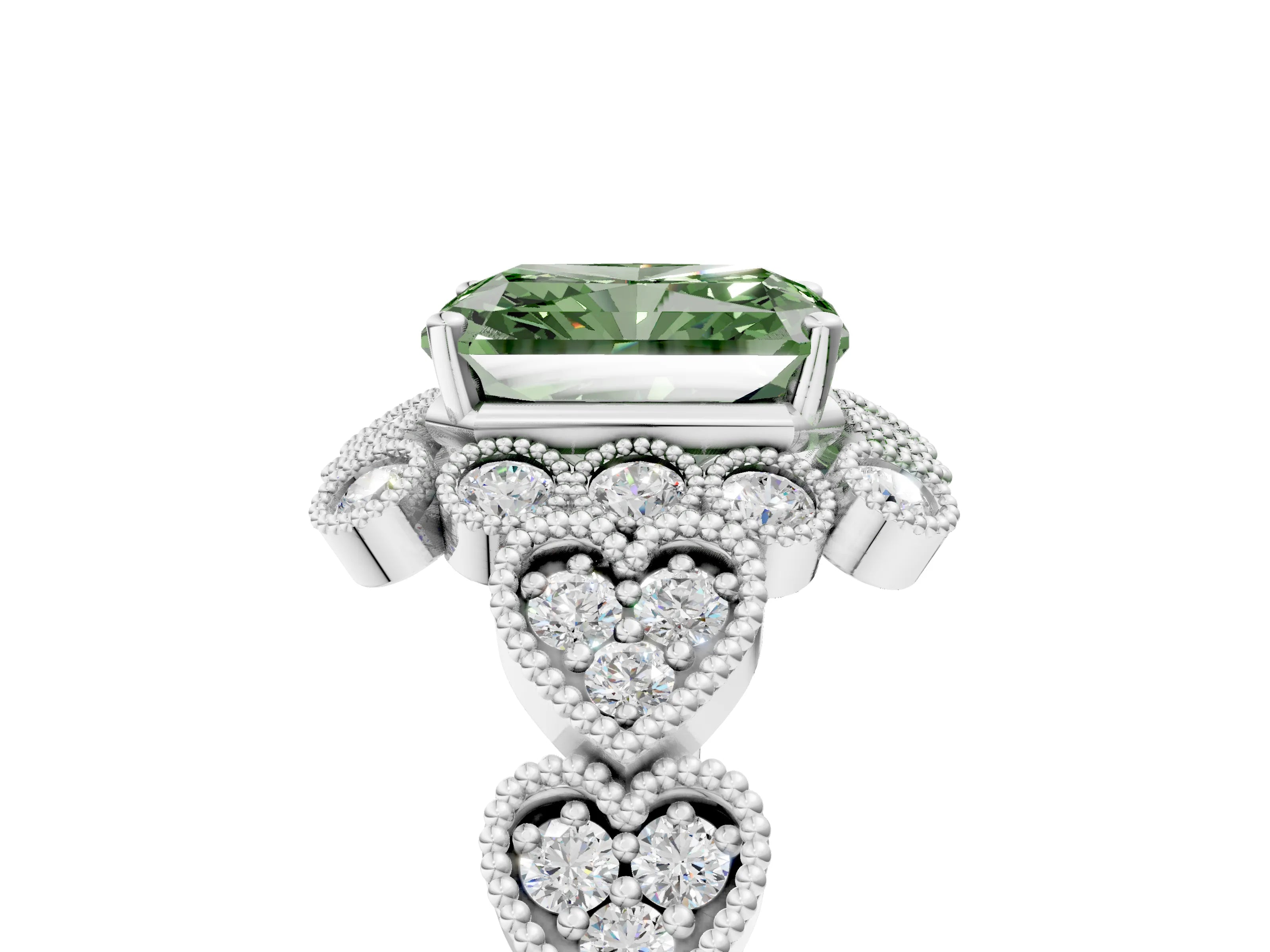 White gold Fancy Green Radiant Cut Brilliant Milgrain Pave Heart Band Solitaire Ring_17