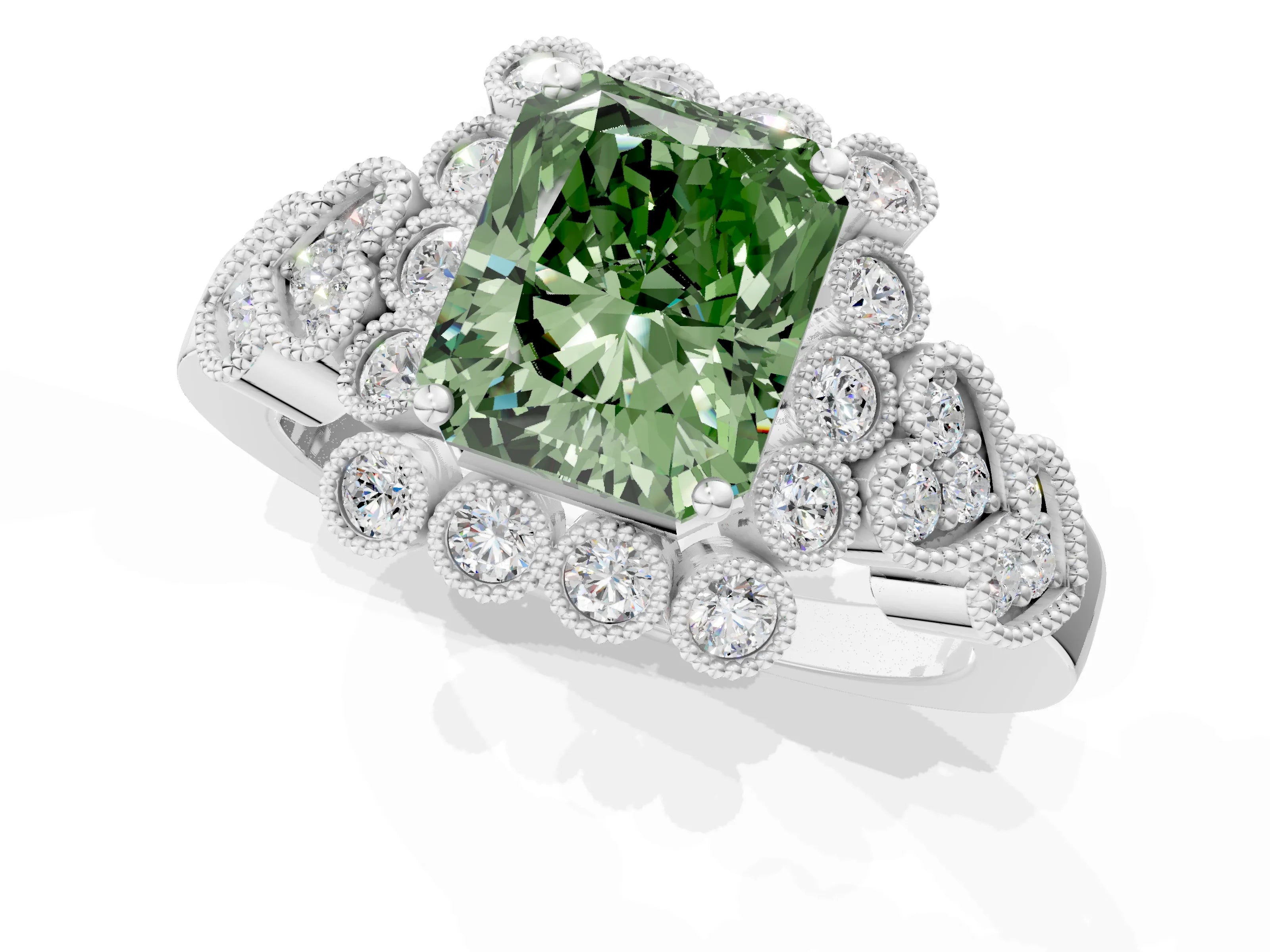 White gold Fancy Green Radiant Cut Brilliant Milgrain Pave Heart Band Solitaire Ring_1