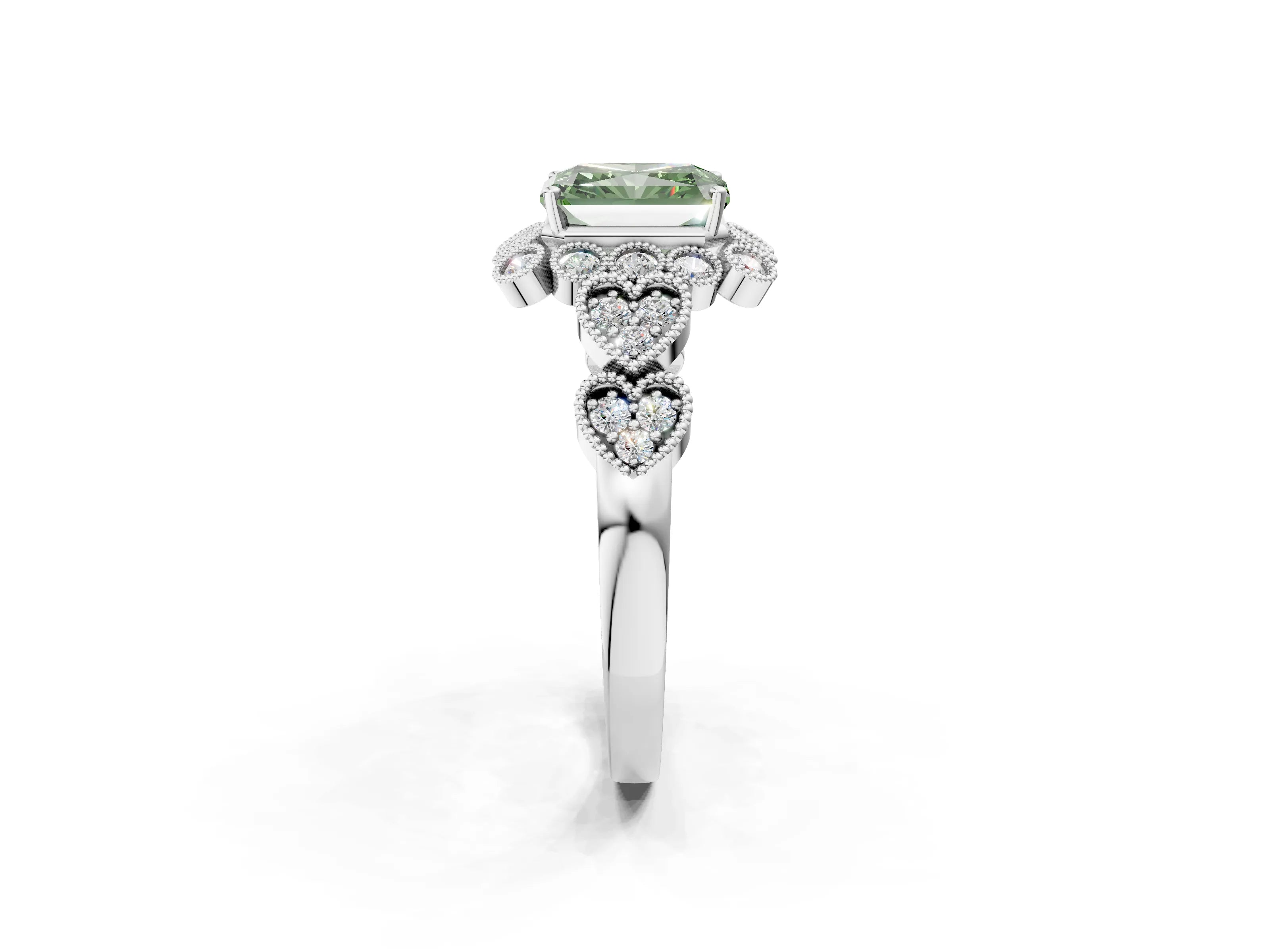 White gold Fancy Green Radiant Cut Brilliant Milgrain Pave Heart Band Solitaire Ring_2