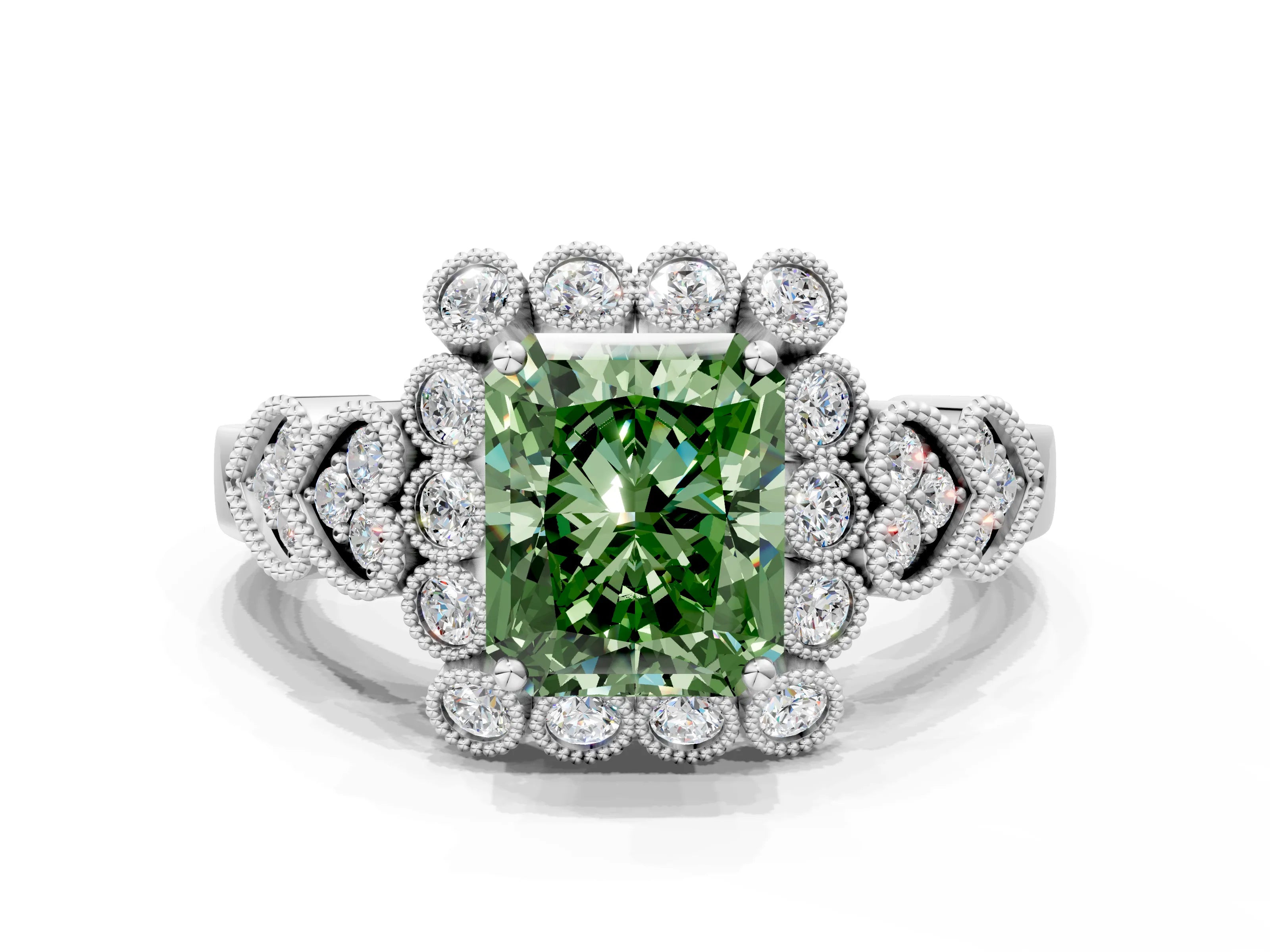 White gold Fancy Green Radiant Cut Brilliant Milgrain Pave Heart Band Solitaire Ring_21
