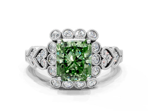 White gold Fancy Green Radiant Cut Brilliant Milgrain Pave Heart Band Solitaire Ring_21