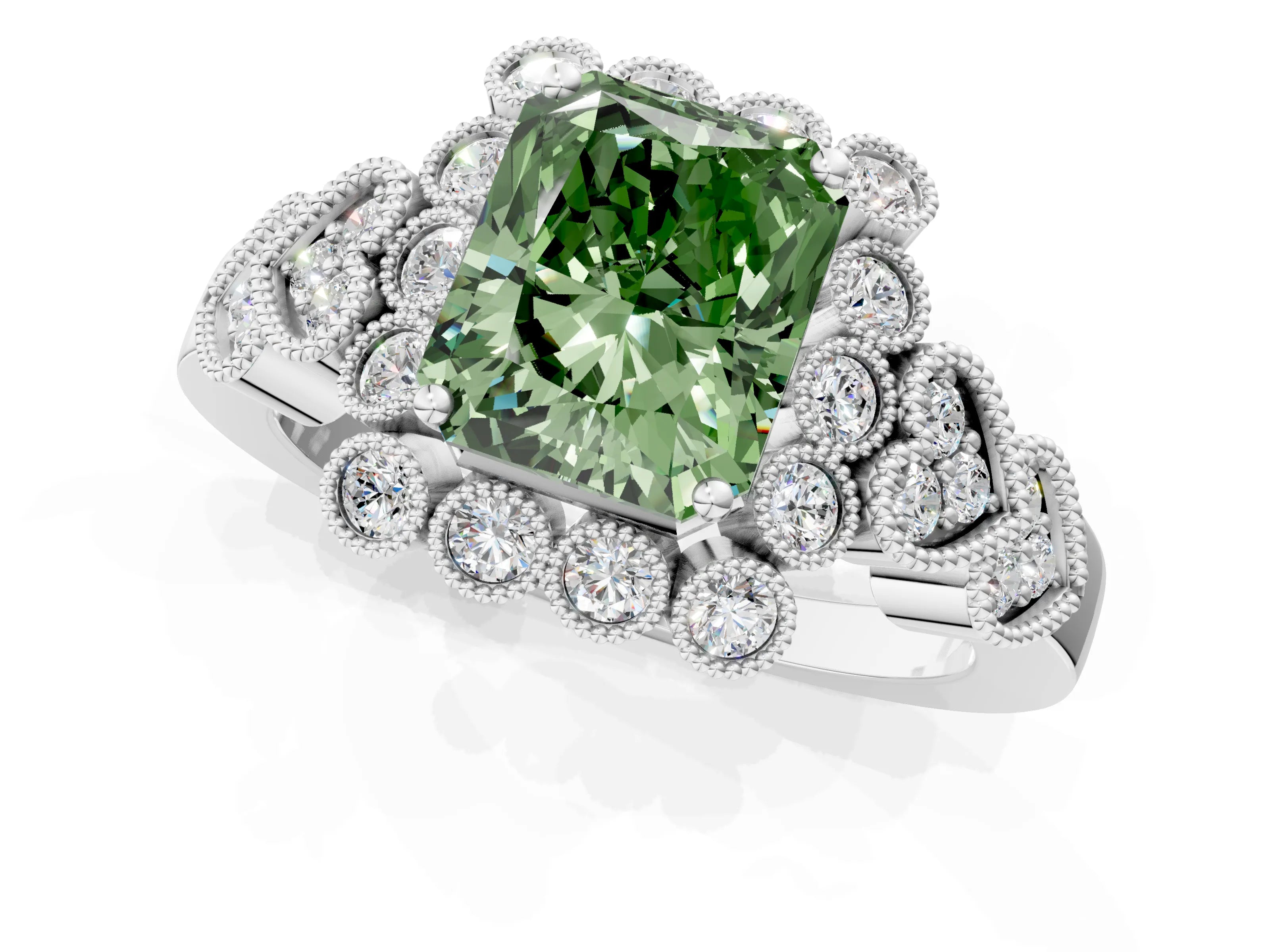 White gold Fancy Green Radiant Cut Brilliant Milgrain Pave Heart Band Solitaire Ring_22