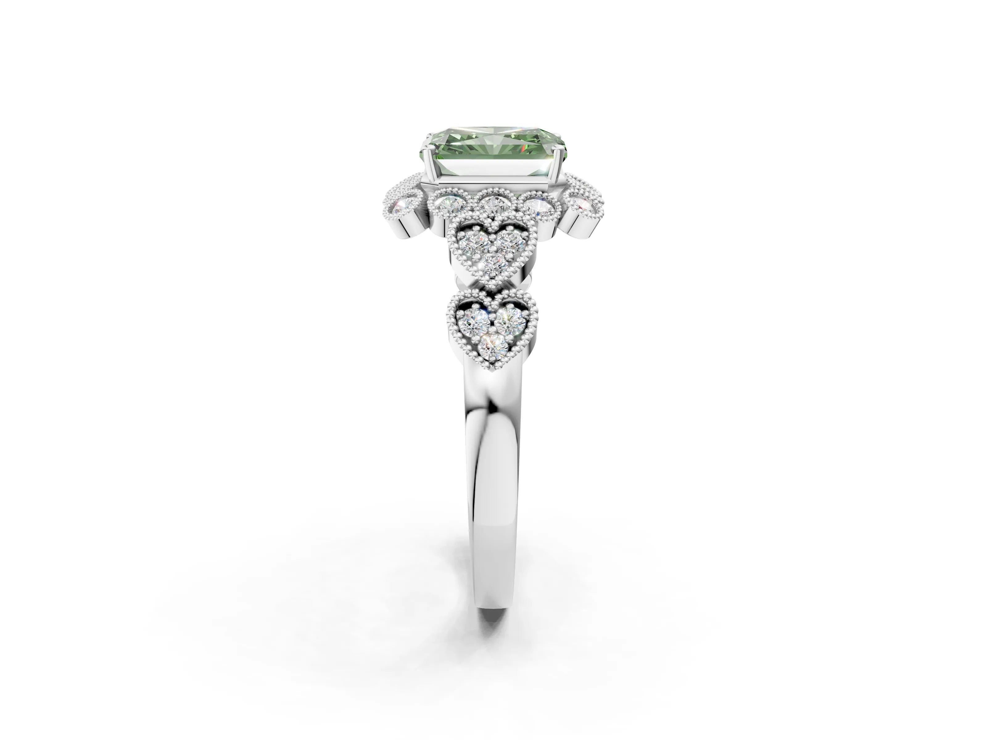 White gold Fancy Green Radiant Cut Brilliant Milgrain Pave Heart Band Solitaire Ring_23