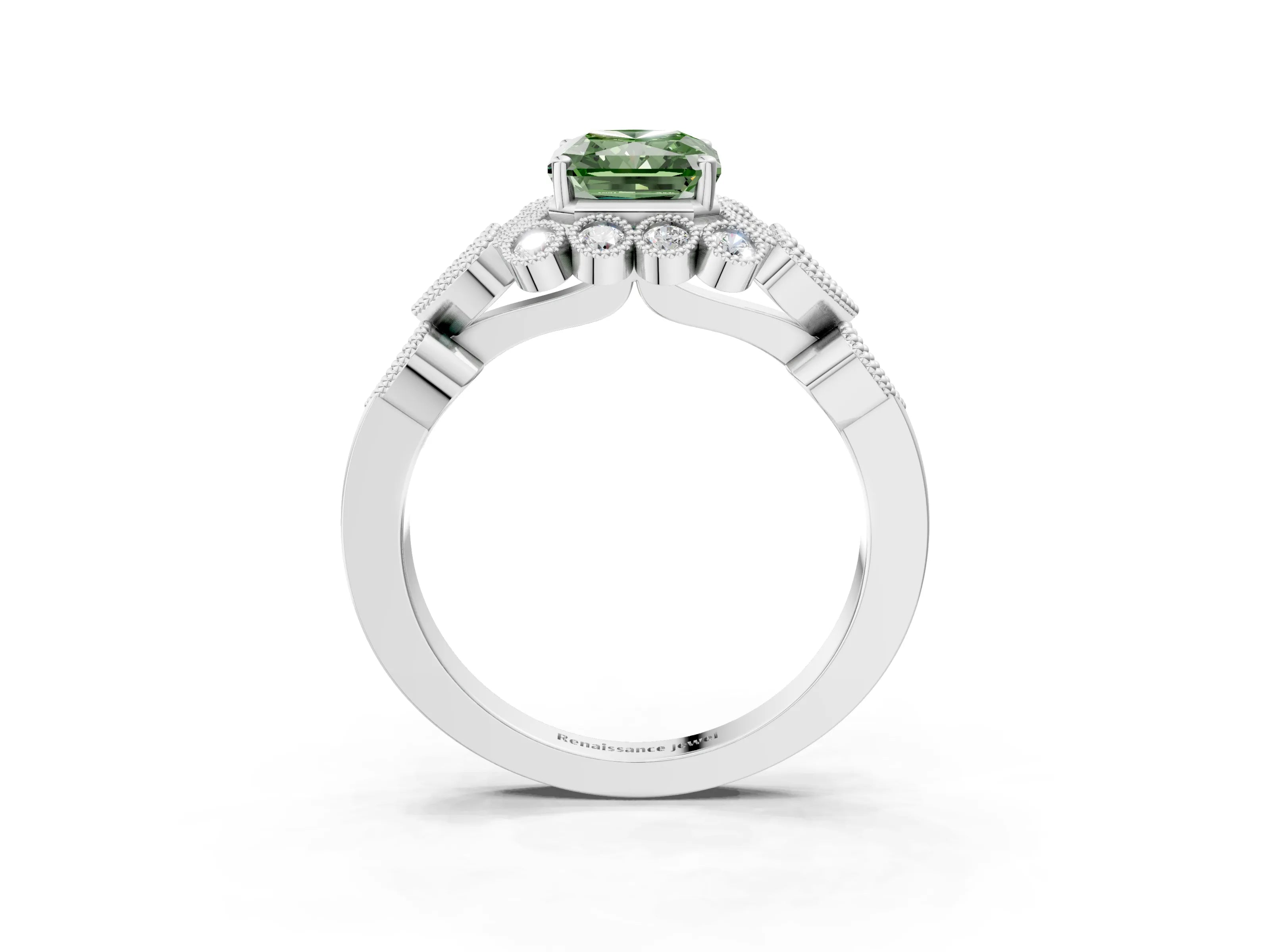 White gold Fancy Green Radiant Cut Brilliant Milgrain Pave Heart Band Solitaire Ring_24