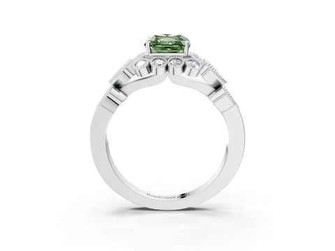 White gold Fancy Green Radiant Cut Brilliant Milgrain Pave Heart Band Solitaire Ring_24