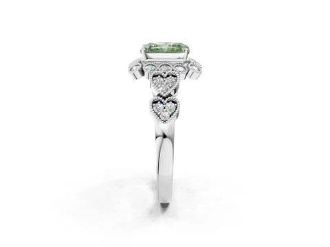 White gold Fancy Green Radiant Cut Brilliant Milgrain Pave Heart Band Solitaire Ring_2