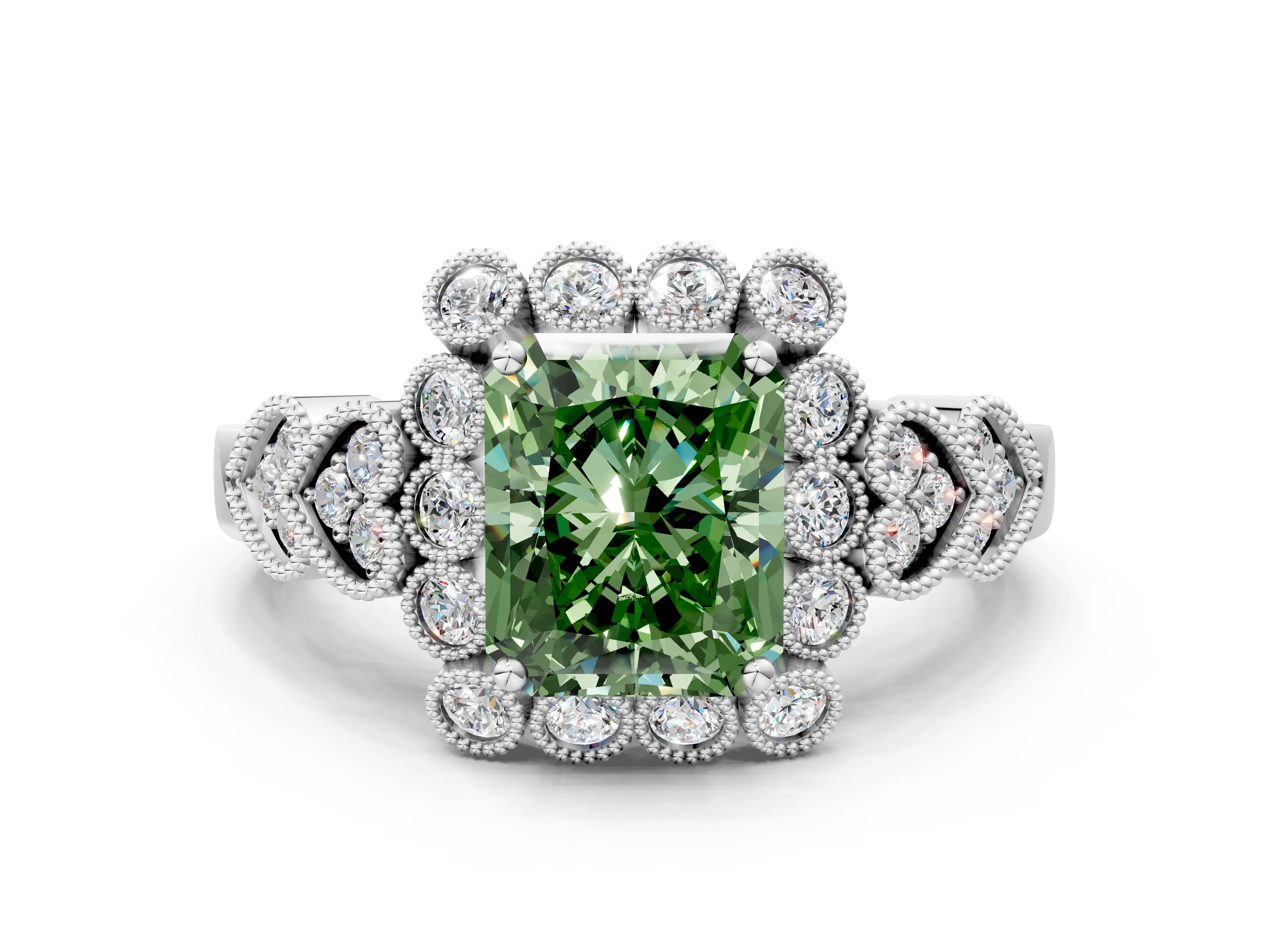 White gold Fancy Green Radiant Cut Brilliant Milgrain Pave Heart Band Solitaire Ring_33