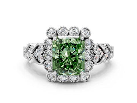 White gold Fancy Green Radiant Cut Brilliant Milgrain Pave Heart Band Solitaire Ring_33