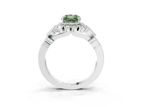White gold Fancy Green Radiant Cut Brilliant Milgrain Pave Heart Band Solitaire Ring_3