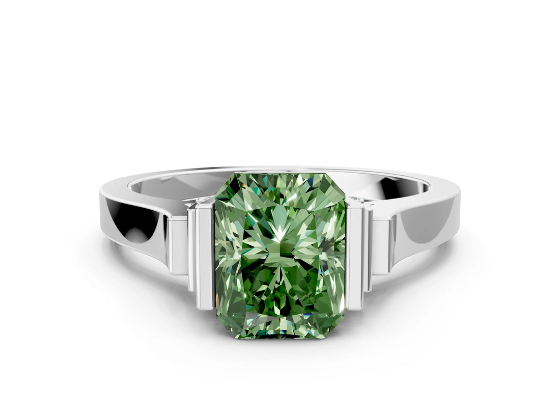 White gold Fancy Green Radiant Cut Brilliant Solitaire Diamond Ring with Channel Set Band and Bar Prong Setting_24