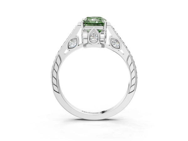 White Gold Radiant Cut Cathedral Engagement Ring Setting for Fancy Green Center with Pave Shoulders