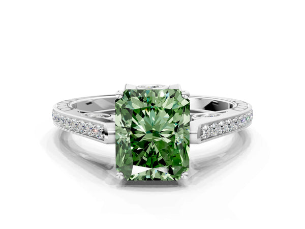Platinum Radiant Cut Cathedral Engagement Ring Setting for Fancy Green Center with Pave Shoulders