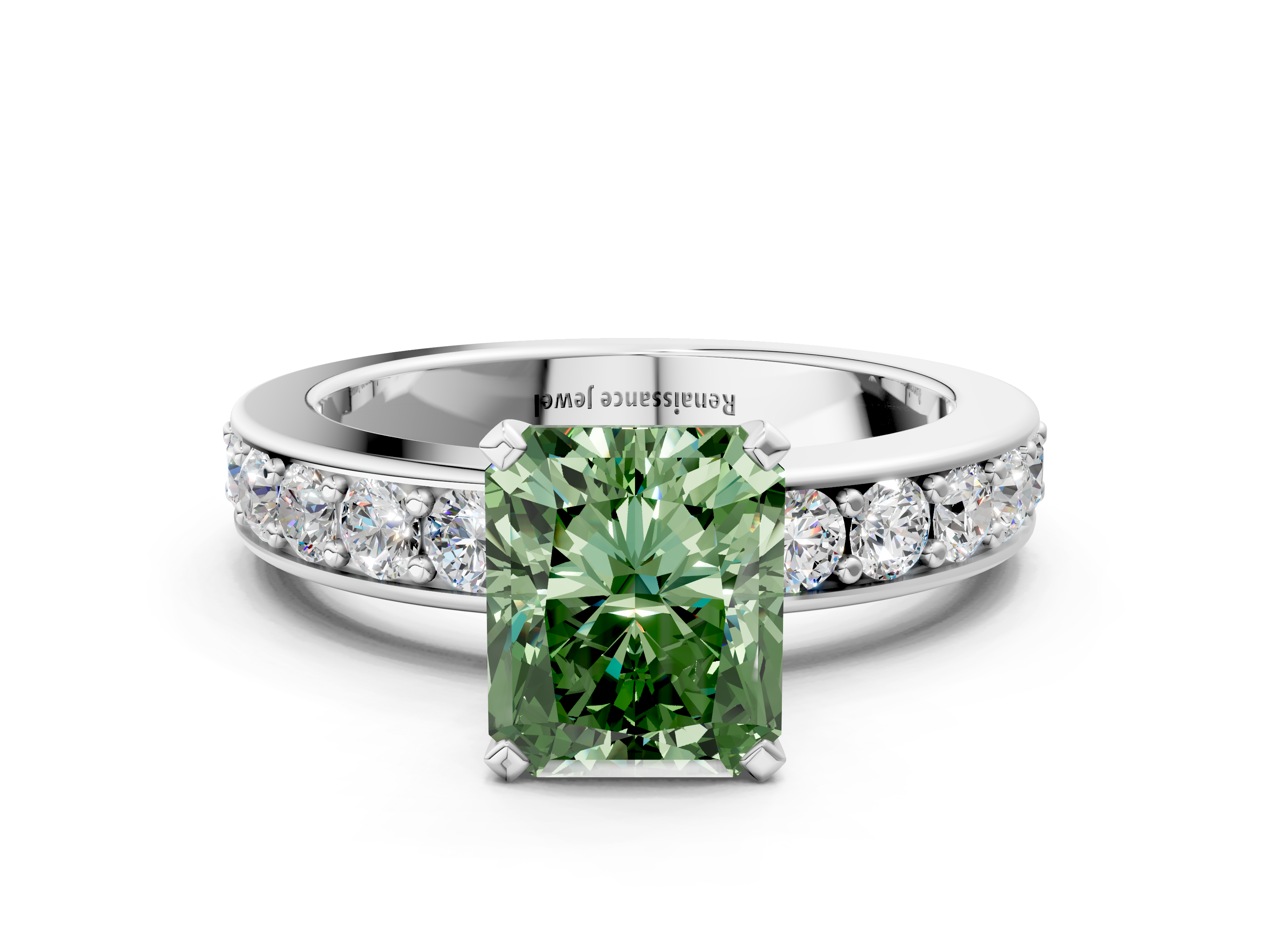 White gold Fancy Green Radiant  Cut Channel Set Diamond Engagement Ring with Four-Prong Setting_236
