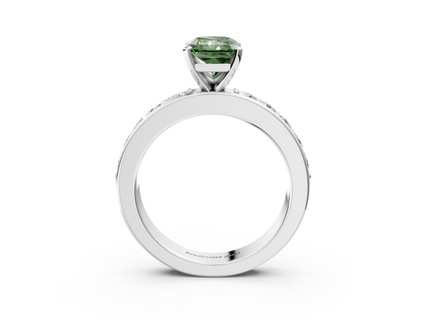 White gold Fancy Green Radiant  Cut Channel Set Diamond Engagement Ring with Four-Prong Setting
