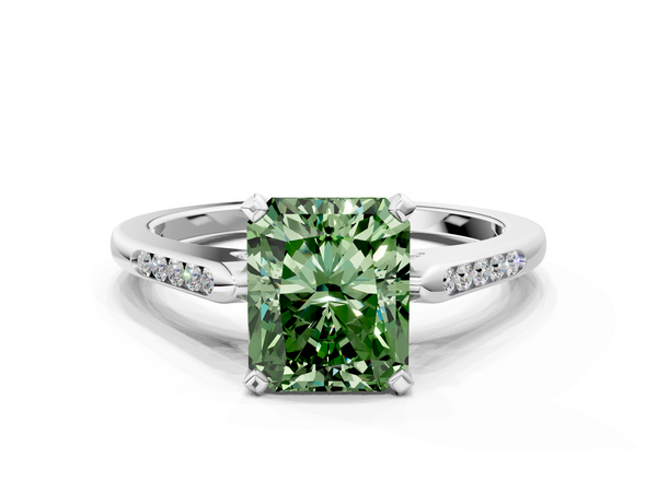 Platinum Fancy Green Radiant  Cut Channel Set Solitaire Engagement Ring with Four-Prong Setting
