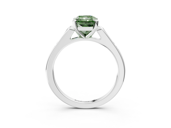 Platinum Fancy Green Radiant  Cut Channel Set Solitaire Engagement Ring with Four-Prong Setting