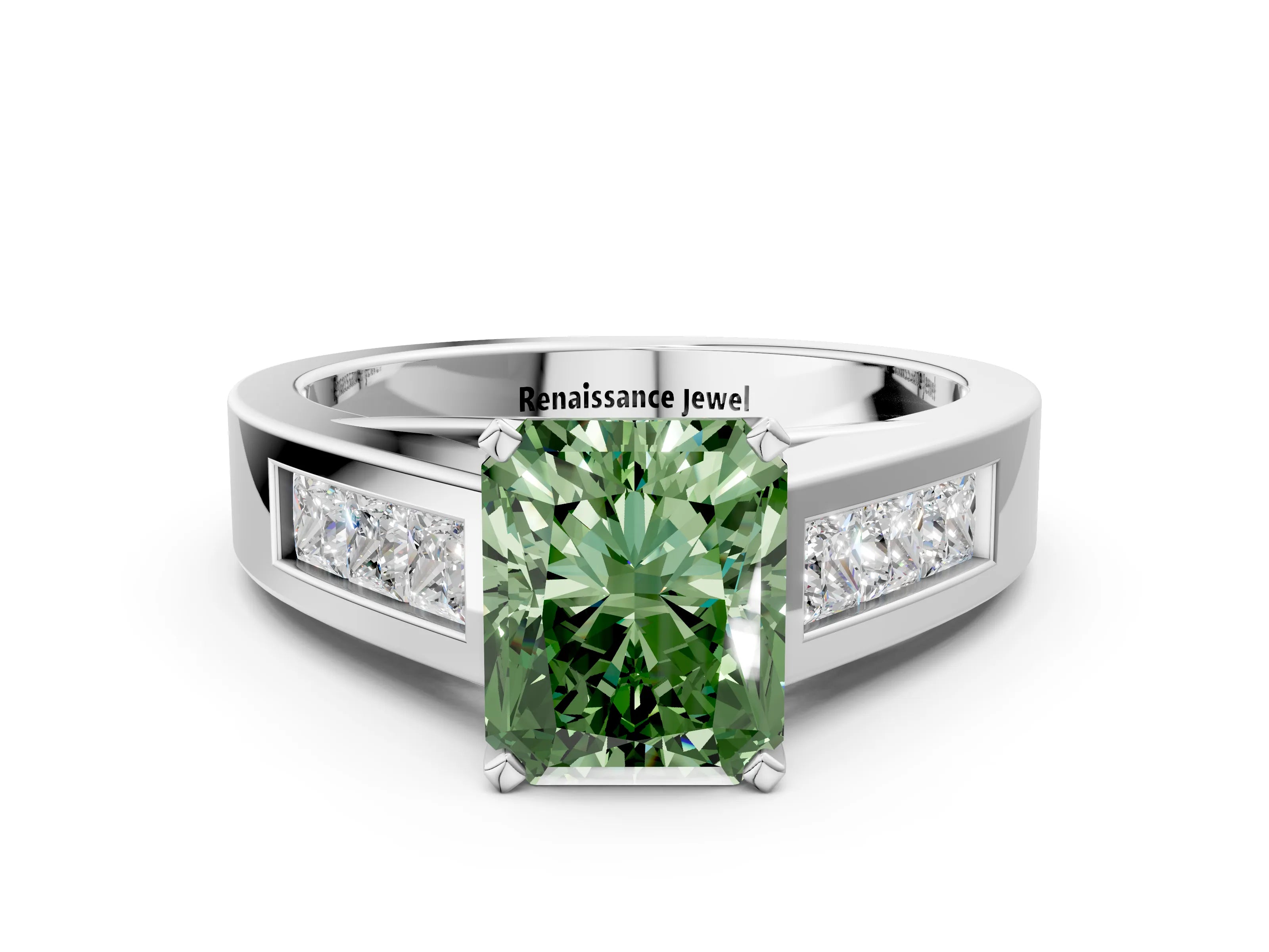 White gold Fancy Green Radiant Cut Cut Channel Set Solitaire Ring with Four-Prong Setting_12