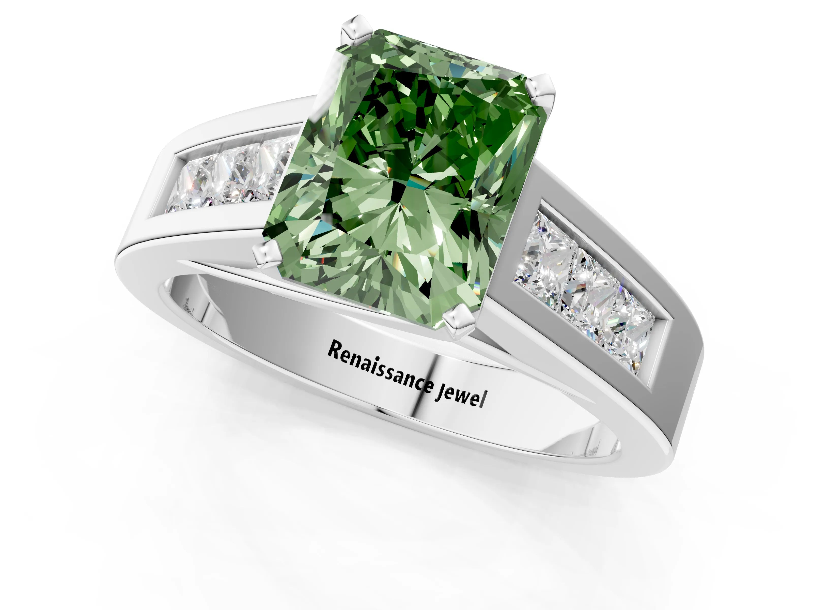 White gold Fancy Green Radiant Cut Cut Channel Set Solitaire Ring with Four-Prong Setting_13